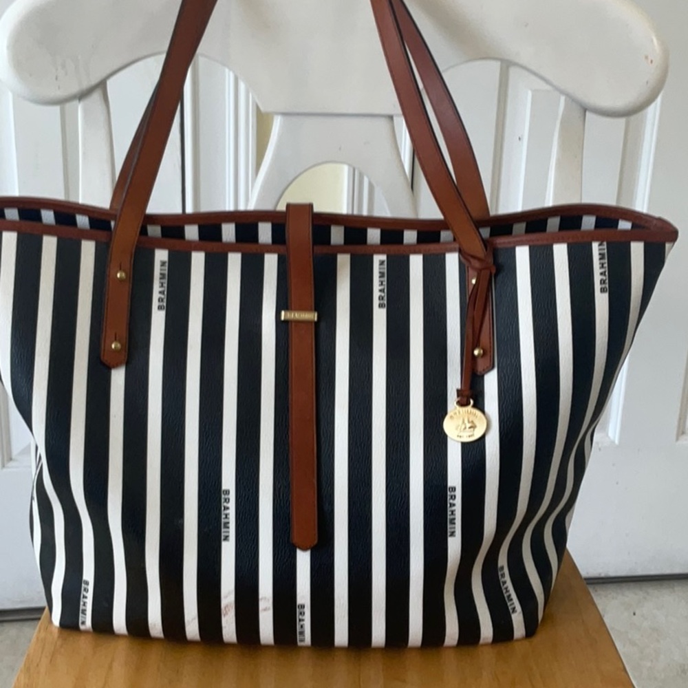 BrahminBlack and White Striped Tote Bag - Picture 5 of 12